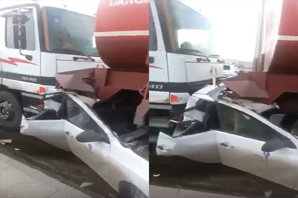 بالفيديو: سحق سيارة “أجرة” بين شاحنتين على طريق الخرج ونجاة سائقها بأعجوبة