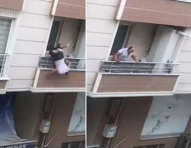 شاهد: رجل عصبي يتشاجر مع أشخاص ويسقط بشكل مفاجئ من نافذة منزله في تركيا