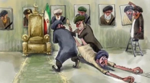 [EN] After the assassination of Khamenei, a satirical cartoon shows the new leader being forcefully withdrawn to be installed in Iran main