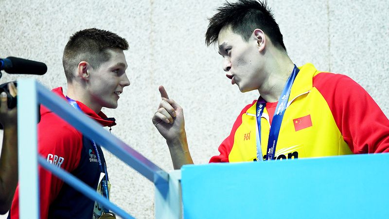 Sun Yang, pictured here getting in Duncan Scott's face at the 2019 FINA World Championships.