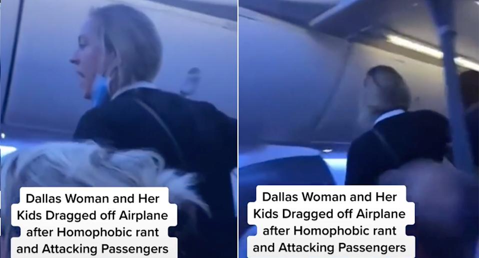 The woman went on a homophobic rant and was kicked off the flight. Source: TikTok