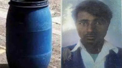 Rotten dead body of a person missing in a drum on roof, woman and child